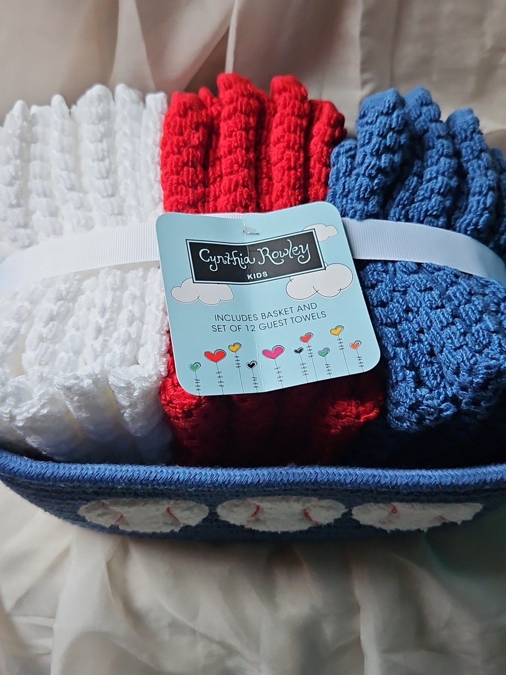 Blue Baseball Rope Basket with Red, White & Blue Washcloths - Picture 2 of 6